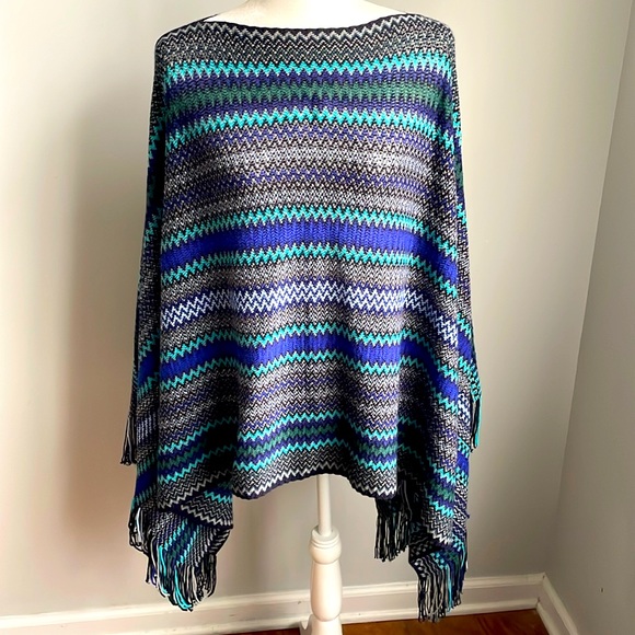 Missoni Chevron Zig Zag Pattern Wool Blend Sweater Poncho Blue & Gray One Size - Picture 1 of 6